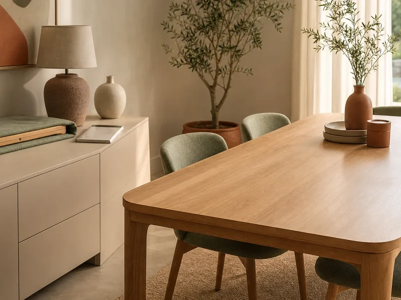 Table fermée avec rallonge séparée protégée et notice à proximité