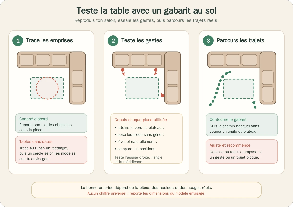 Gabarit au sol pour contrôler l’emprise d’une table basse devant un canapé en L