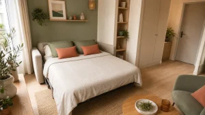 Canapé-lit ouvert dans un petit salon avec la table déplacée