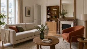 Canapé beige et fauteuil terracotta dépareillés dans un salon