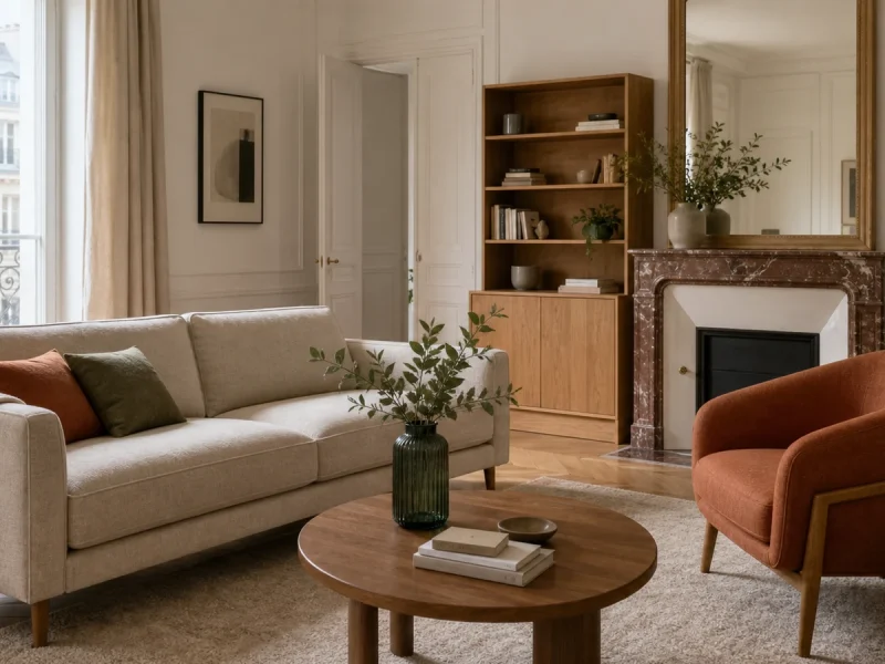 Canapé beige et fauteuil terracotta dépareillés dans un salon