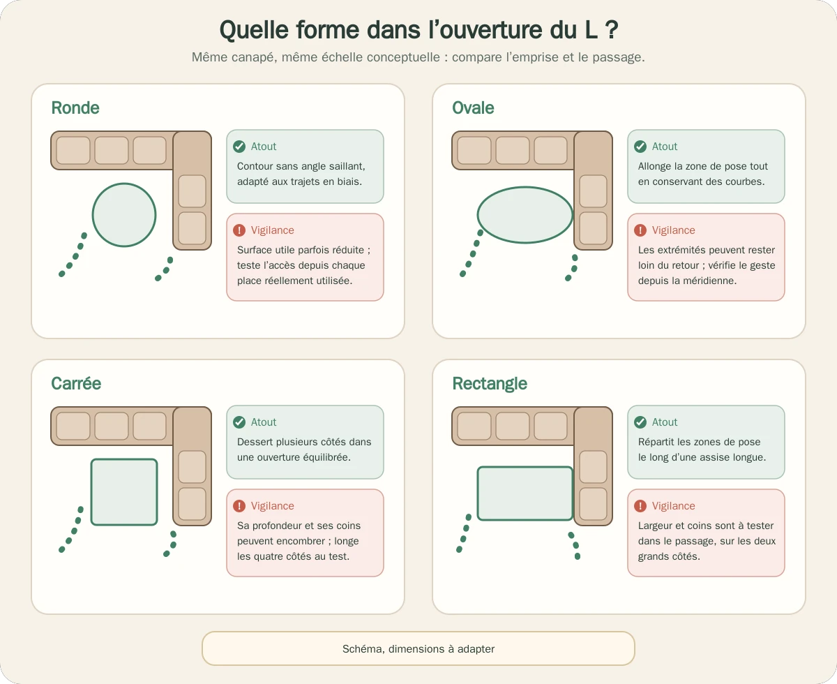 Emprise comparée de tables basses ronde, ovale, carrée et rectangulaire avec un canapé d’angle