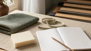 Échantillon de mousse, textile, mètre et fiche vierge pour étudier un matelas