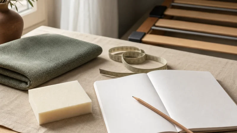 Échantillon de mousse, textile, mètre et fiche vierge pour étudier un matelas