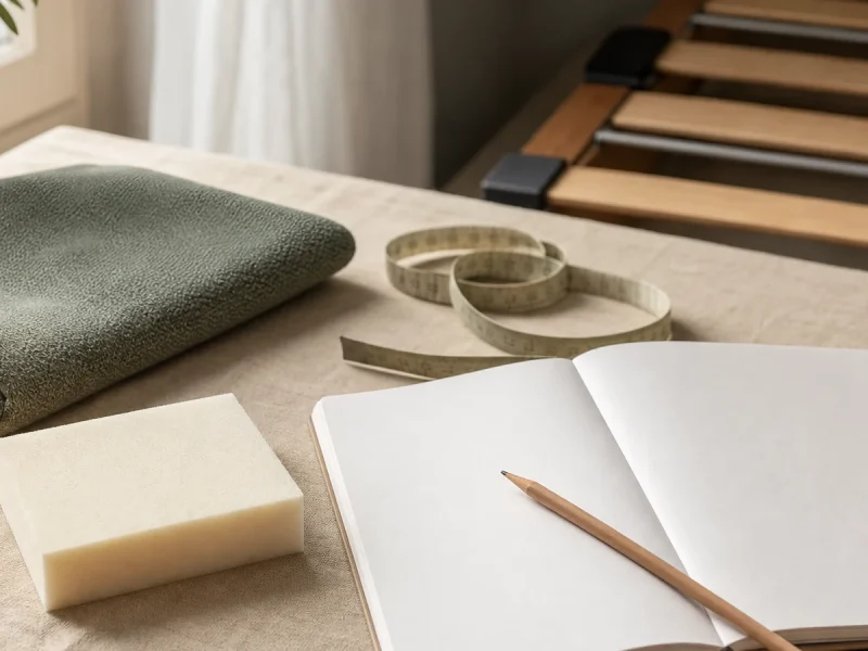 Échantillon de mousse, textile, mètre et fiche vierge pour étudier un matelas
