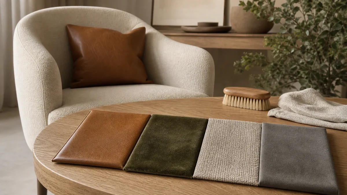 Fauteuil et échantillons de cuir, velours, tissu et microfibre