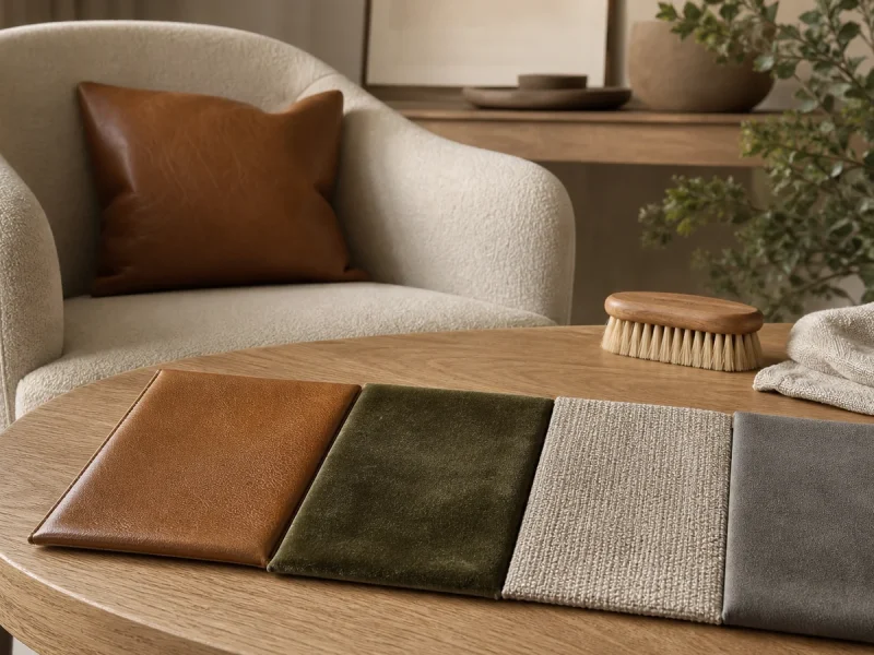 Fauteuil et échantillons de cuir, velours, tissu et microfibre