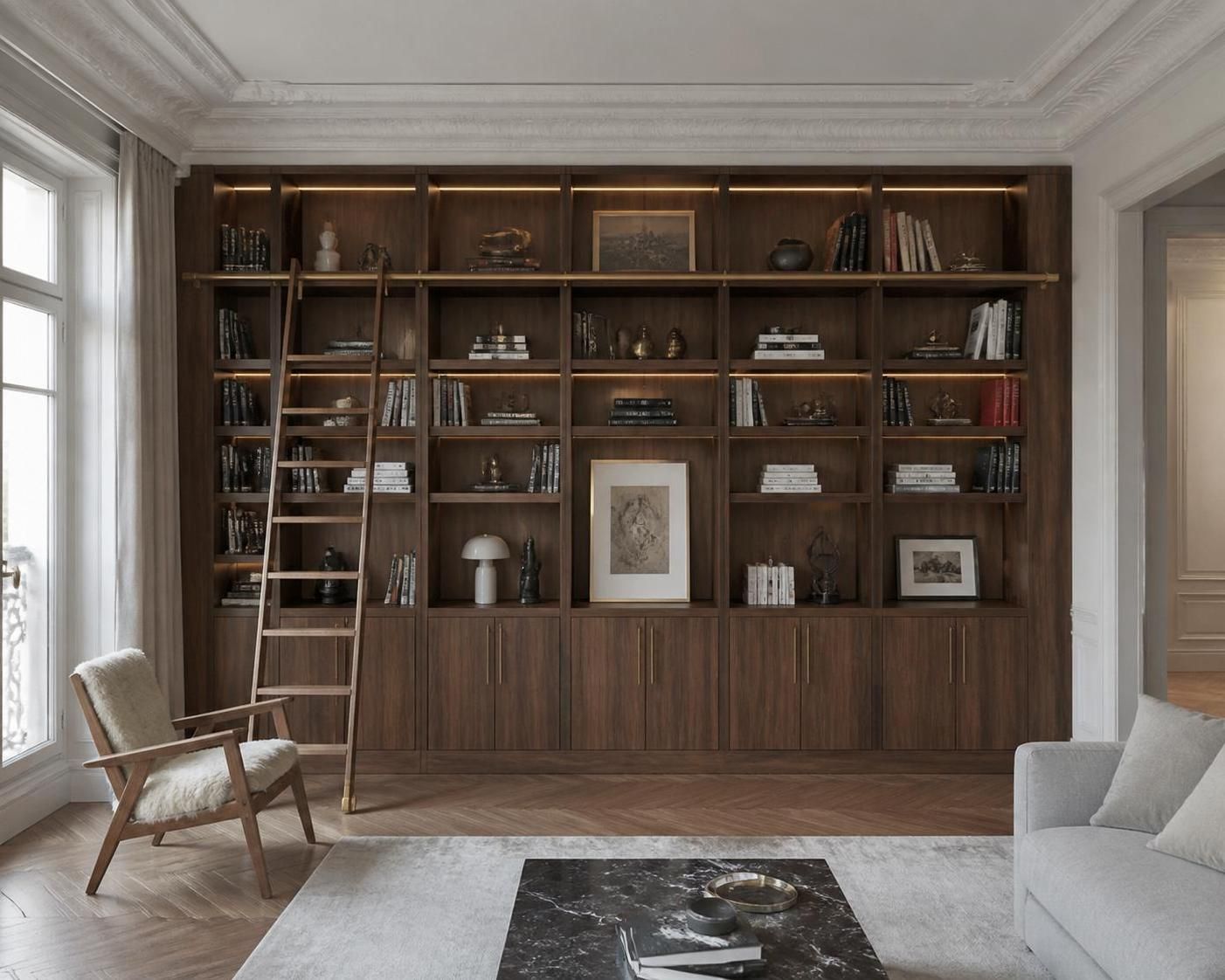 découvrez notre bibliothèque sur-mesure en noyer et laiton, parfaitement intégrée dans un intérieur haussmannien. consultez le devis détaillé à 19 800 € pour un mobilier alliant élégance et fonctionnalité.