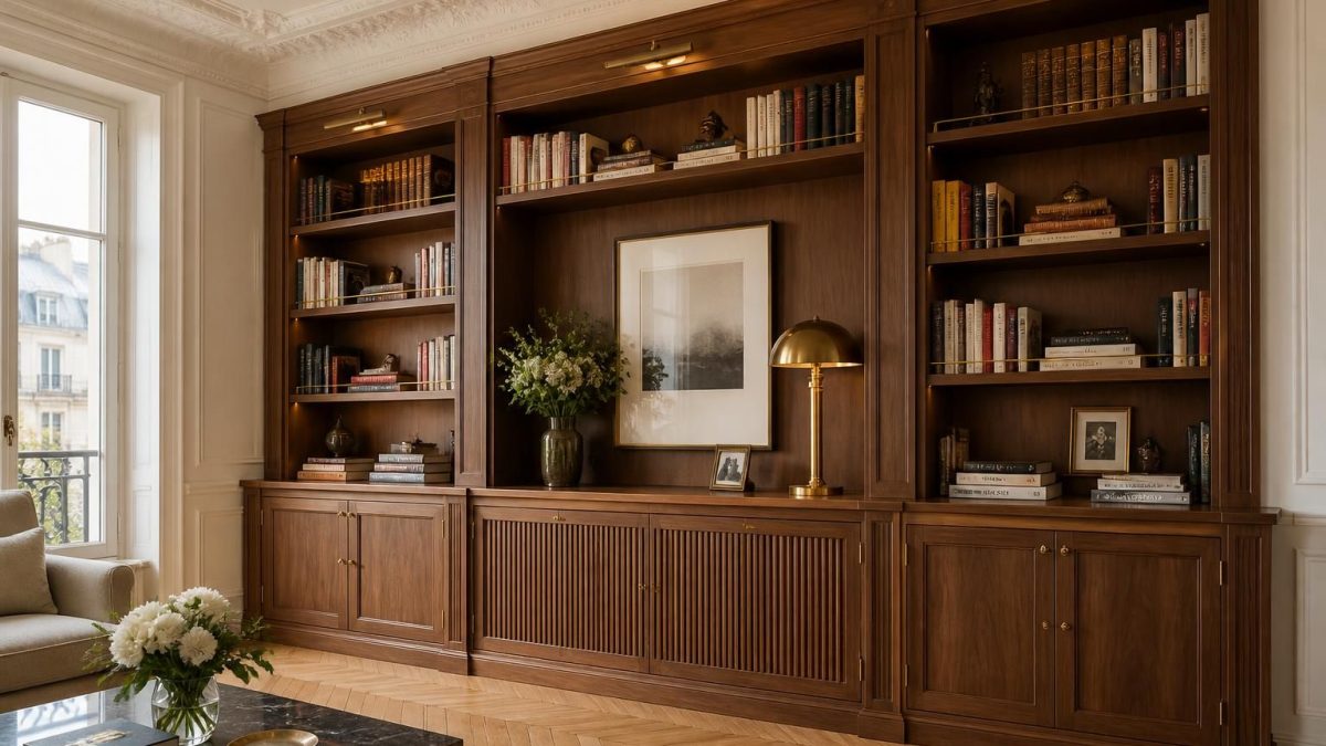 découvrez notre bibliothèque sur-mesure en noyer et laiton, conçue pour un appartement haussmannien. obtenez le devis détaillé à 19 800 € pour un meuble alliant élégance et fonctionnalité.