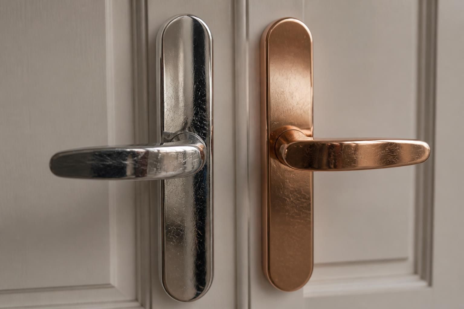 Inox brossé miroir vs PVD or rose : test rayures clés et anneaux sur poignées d&rsquo;entrée