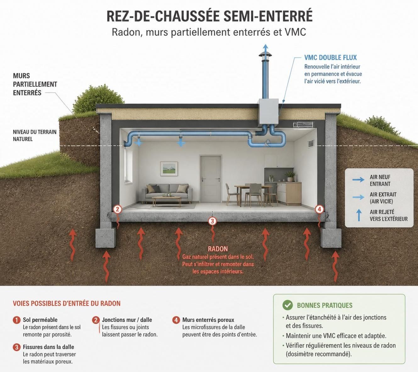 découvrez comment 6 mesures sur 90 jours ont permis d'évaluer le taux de radon en rez-de-chaussée semi-enterré et comment une vmc a réduit ce taux par 4 pour un air intérieur plus sain.