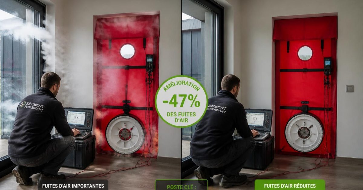 Test infiltrométrie blower door avant/après : -47% de fuites mais le poste qui a tout changé