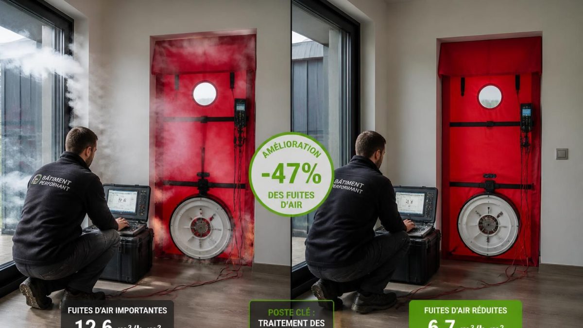 découvrez comment un test d'infiltrométrie blower door a permis de réduire les fuites de 47%, avec un focus sur le poste clé qui a transformé les résultats avant et après intervention.