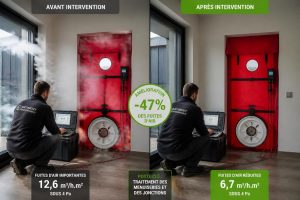 Test infiltrométrie blower door avant/après : -47% de fuites mais le poste qui a tout changé