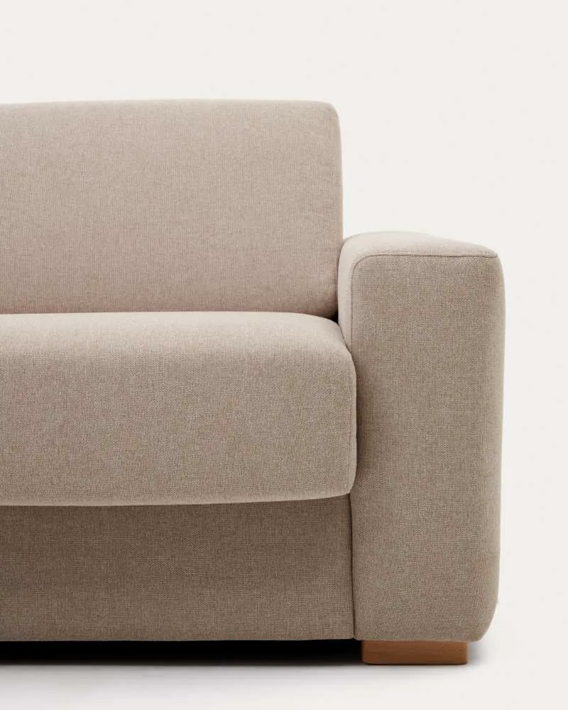 Détail du revêtement beige et de l’accoudoir du canapé-lit Anley