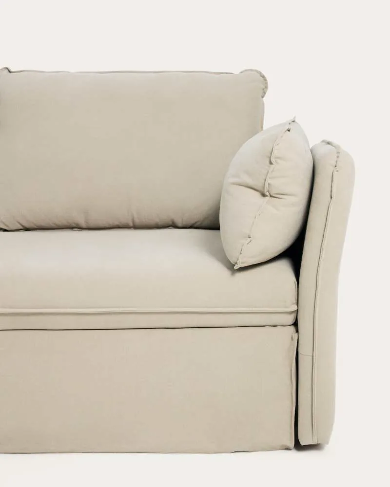 Détail du revêtement blanc, des coussins et de l’accoudoir du canapé-lit Tanit