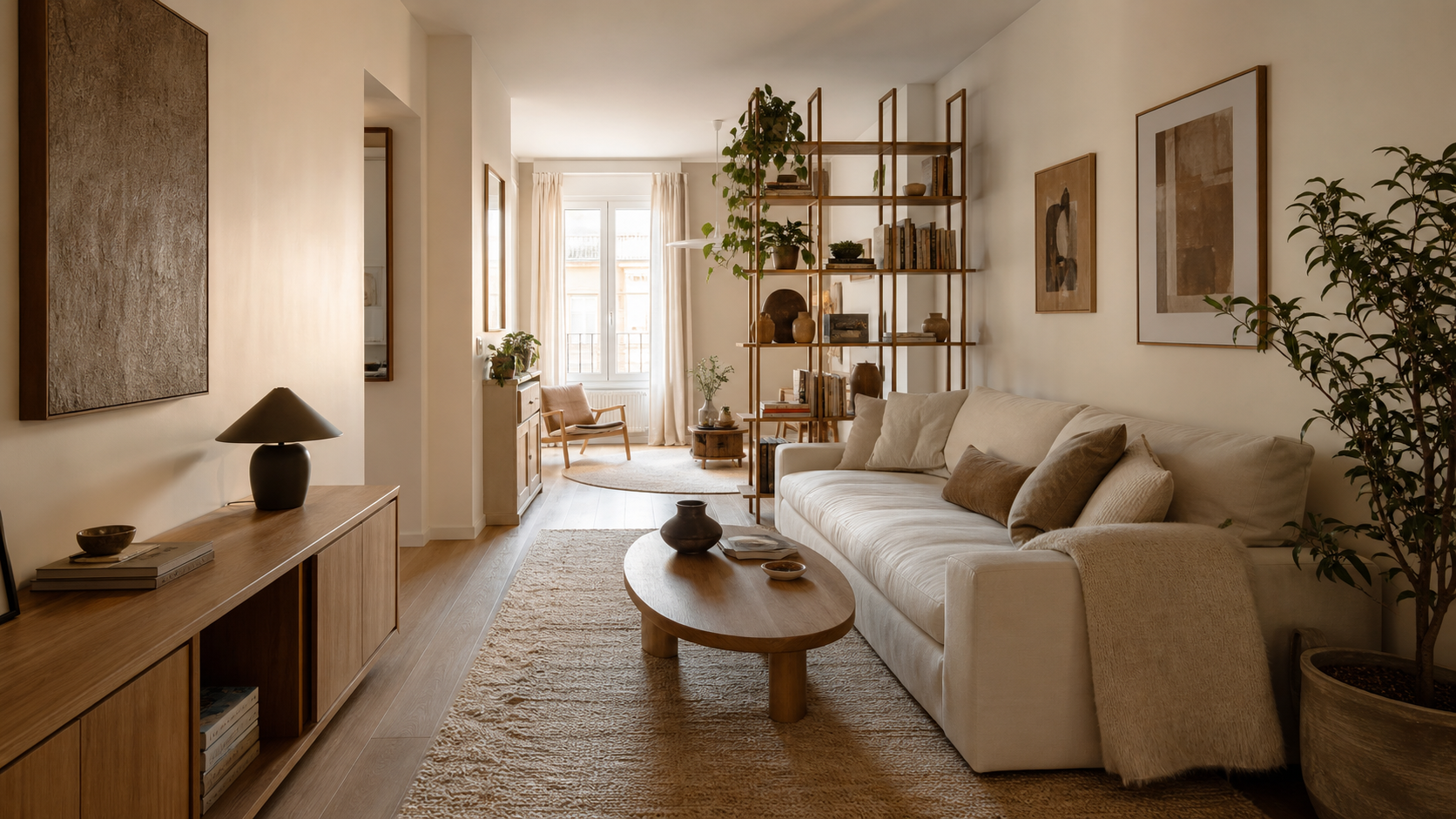 Salon en longueur aménagé avec canapé, tapis et meuble bas