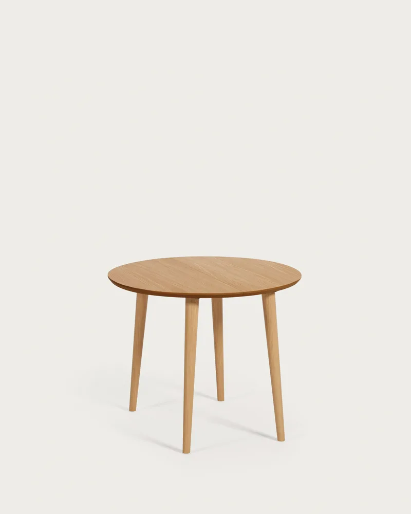 Table extensible Oqui ronde en MDF plaqué chêne, format fermé 90 cm