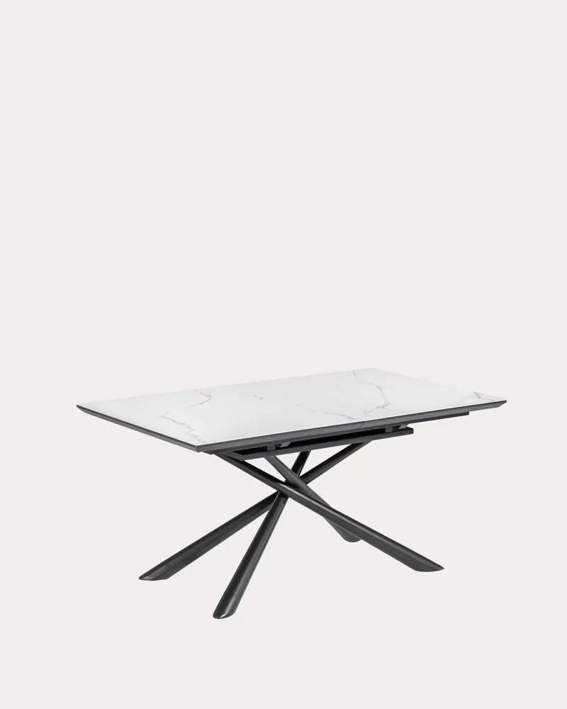 Table extensible Theone en grès cérame blanc et piètement noir, format fermé 160 cm