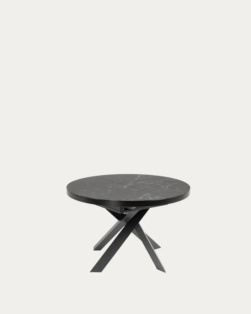 Table ronde extensible Vashti en grès cérame gris et pieds acier noir, format fermé