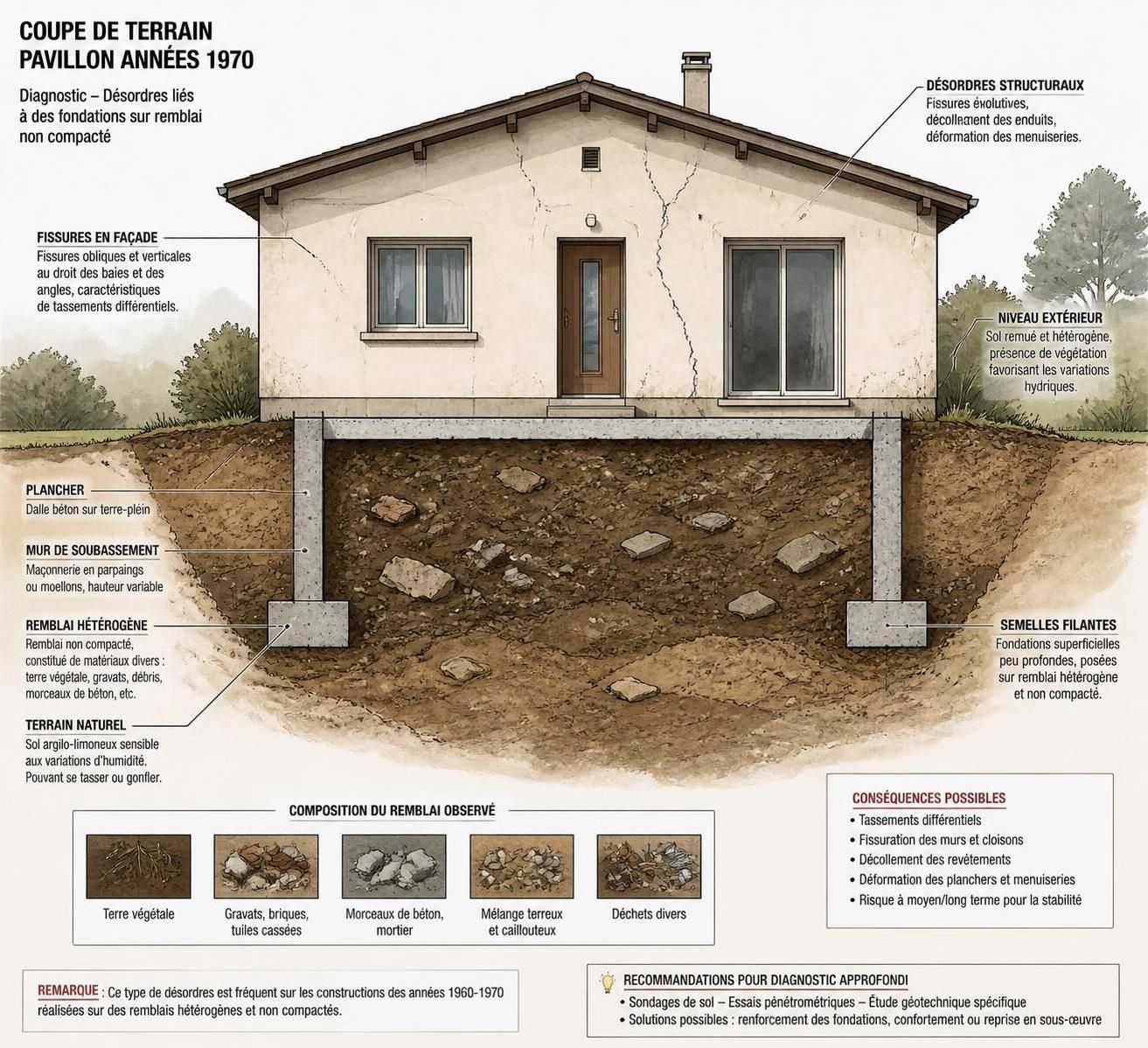 découvrez le test à la barre réalisé sur 6 pavillons des années 70 pour évaluer l'impact des fondations sur remblai non compacté et garantir la stabilité des constructions.