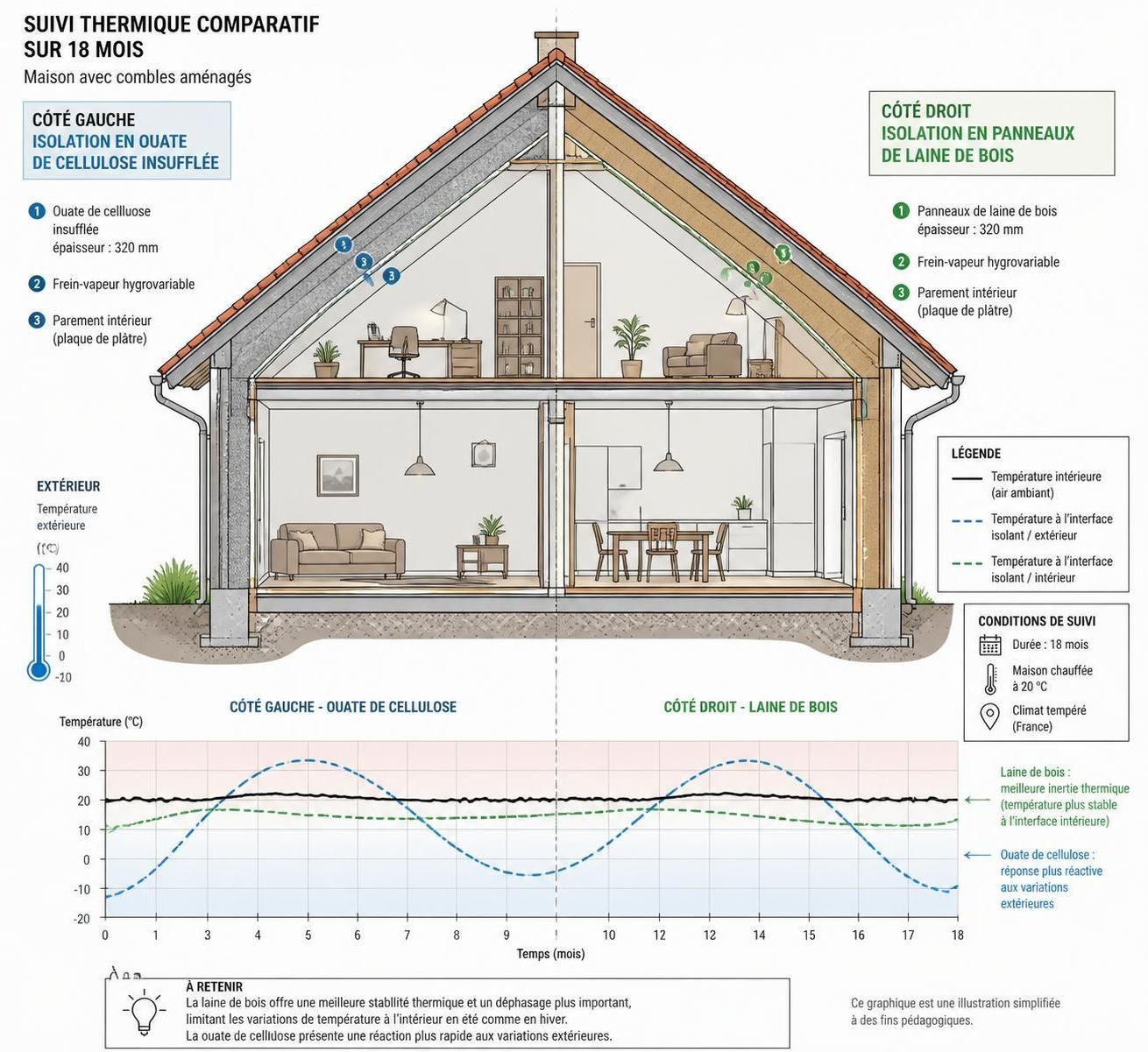 découvrez une analyse détaillée sur l'isolation en combles aménagés avec la ouate de cellulose versus la laine de bois, basée sur 18 mois de relevés thermiques pour optimiser votre confort et économies d'énergie.