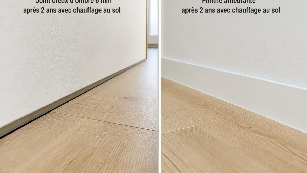 découvrez le rendu après 2 ans de chauffage au sol avec une comparaison entre joint creux ombre 6 mm et plinthe affleurante. analyse détaillée des performances et de l'esthétique à long terme.
