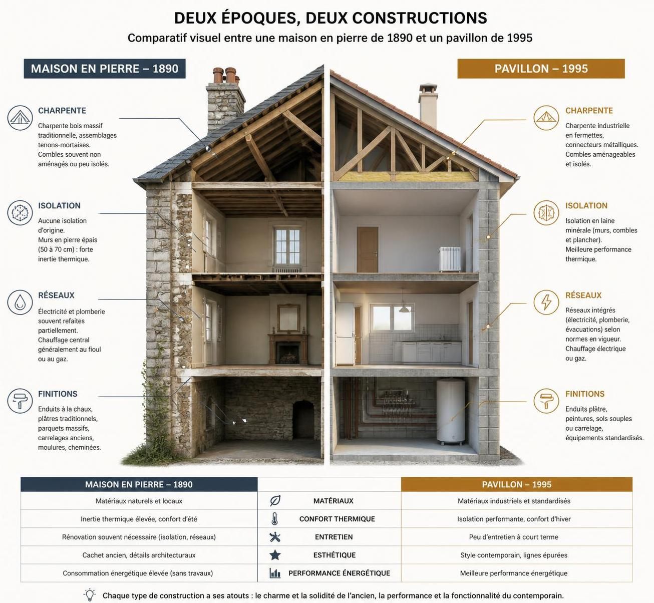 comparez en détail les coûts cachés sur 18 mois entre une maison en pierre datant de 1890 et un pavillon construit en 1995, analysés ligne par ligne pour mieux comprendre leurs impacts financiers.
