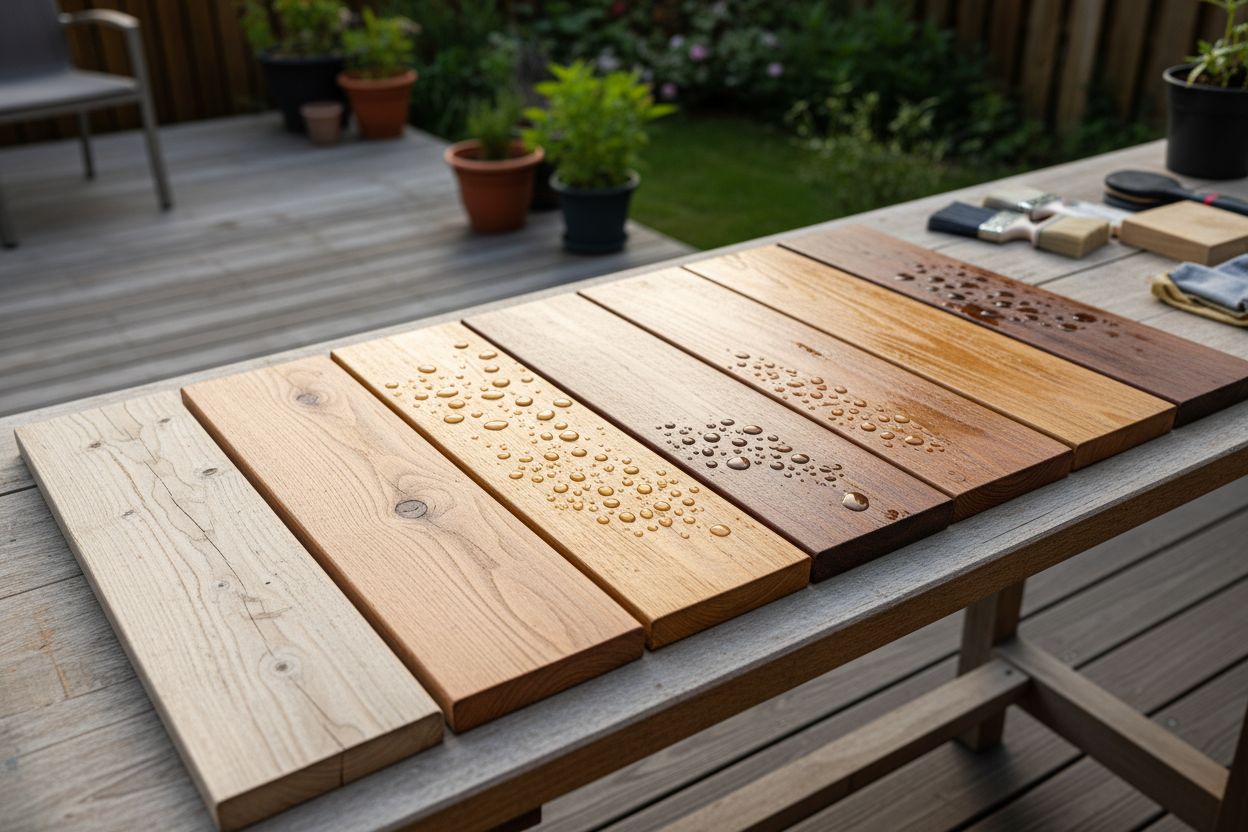Lames de bois de teintes différentes, certaines couvertes de gouttes d'eau, posées sur une table de terrasse